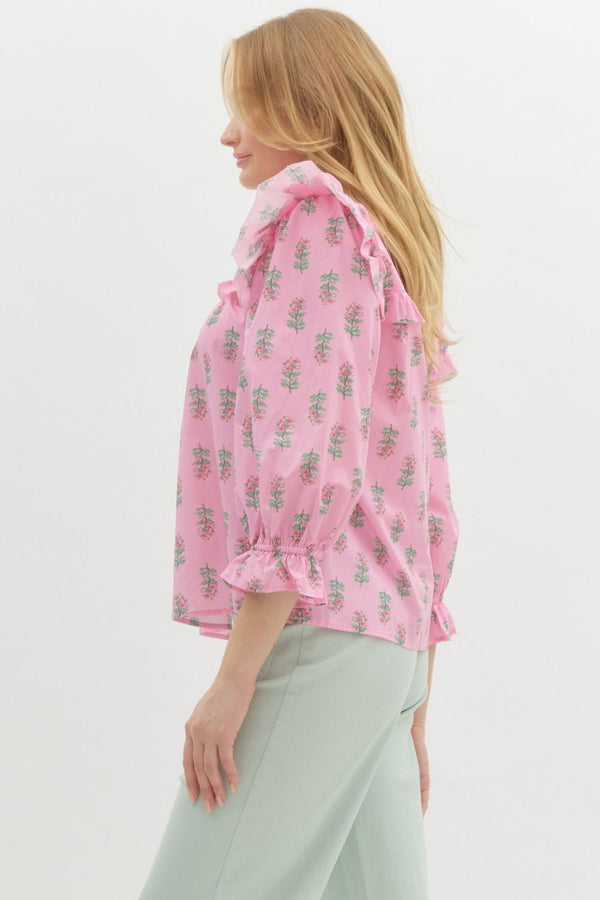 Floral Ruffle Puff Sleeve Pullover Top- Pink