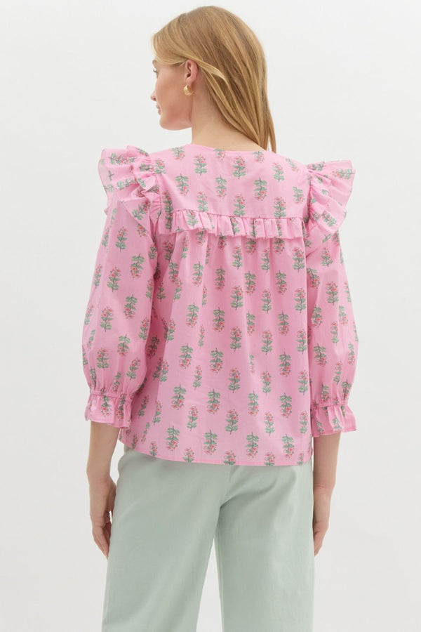 Floral Ruffle Puff Sleeve Pullover Top- Pink