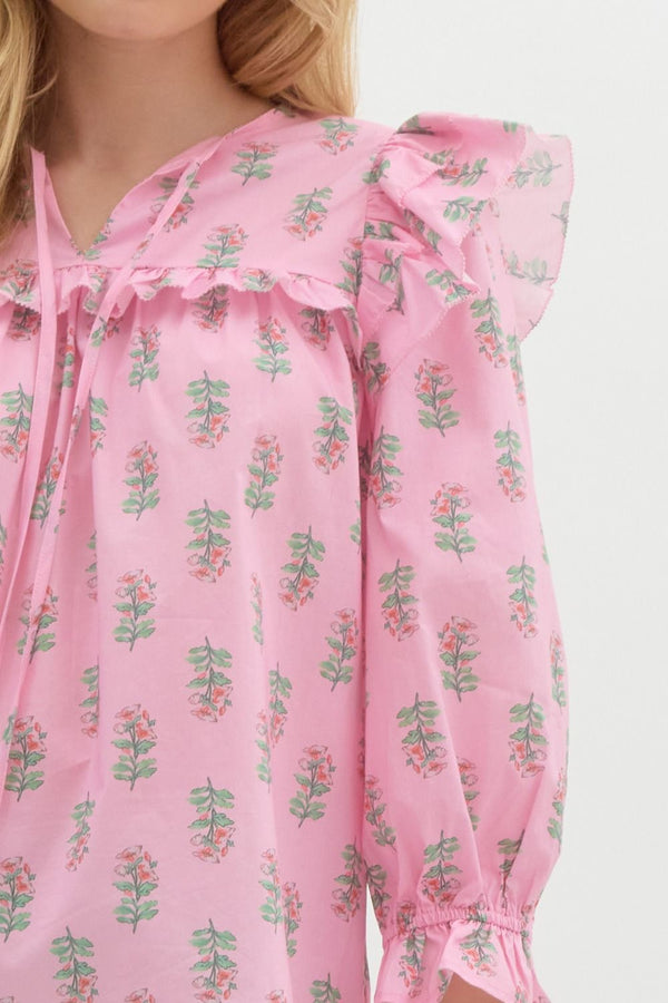Floral Ruffle Puff Sleeve Pullover Top- Pink