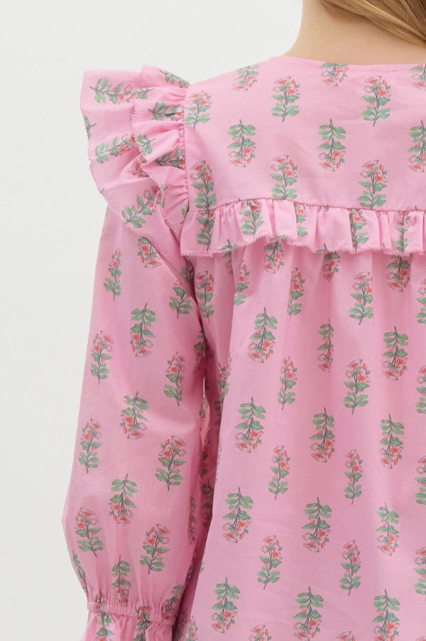 Floral Ruffle Puff Sleeve Pullover Top- Pink