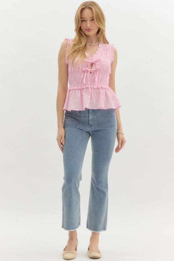 Waffle Texture Sleeveless Smocked Top- Light Pink