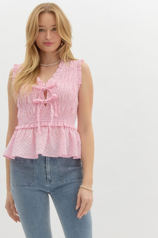 Waffle Texture Sleeveless Smocked Top- Light Pink