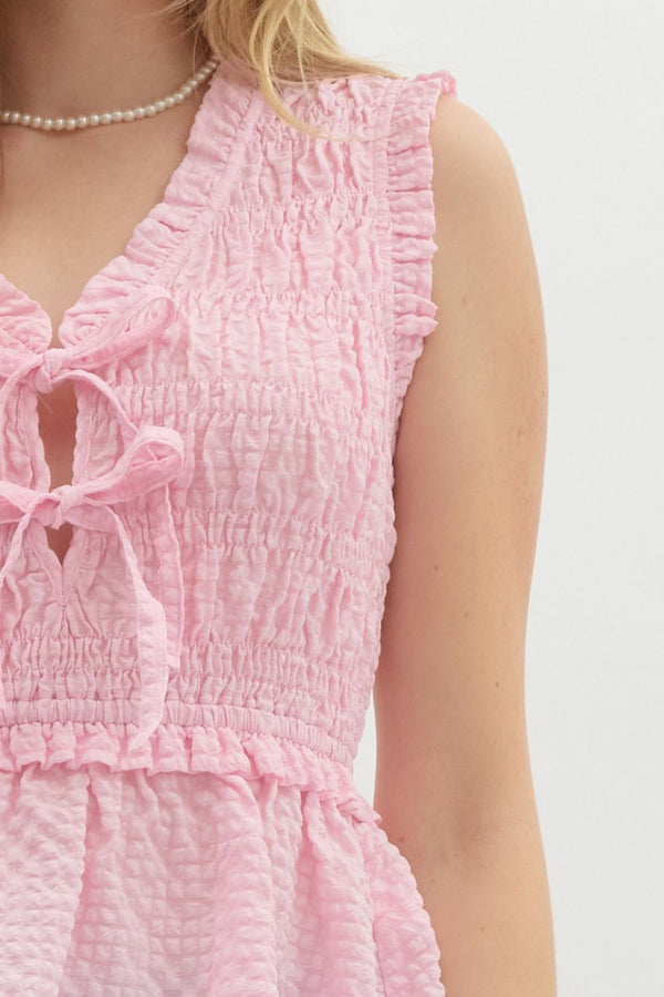 Waffle Texture Sleeveless Smocked Top- Light Pink