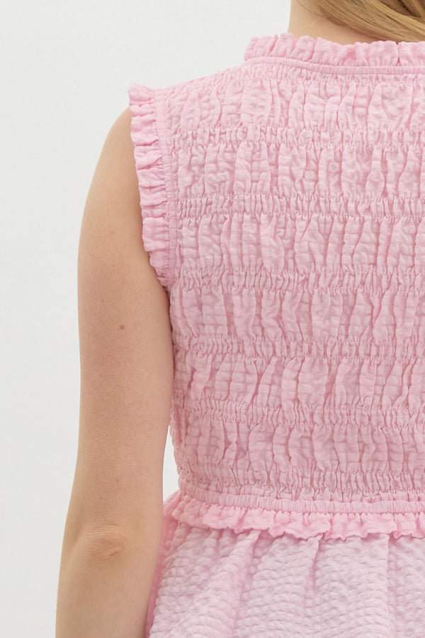 Waffle Texture Sleeveless Smocked Top- Light Pink