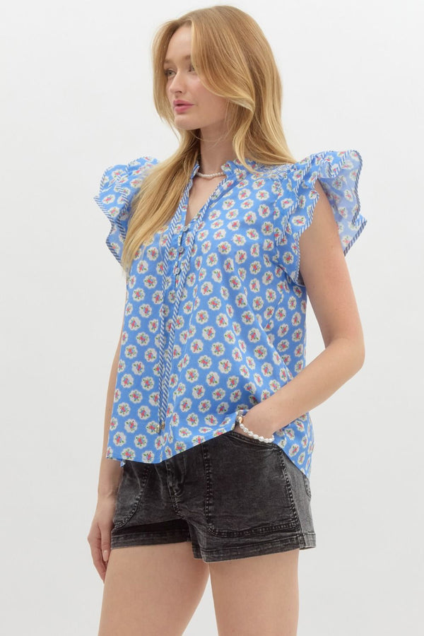 Floral Medallions Ruffle Pullover Top- Blue