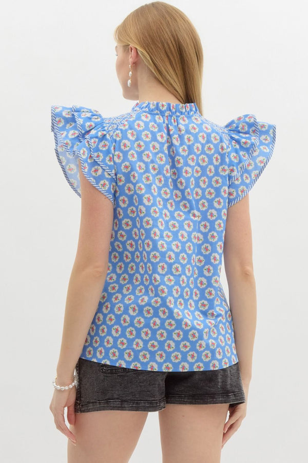 Floral Medallions Ruffle Pullover Top- Blue