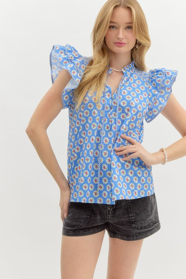Floral Medallions Ruffle Pullover Top- Blue