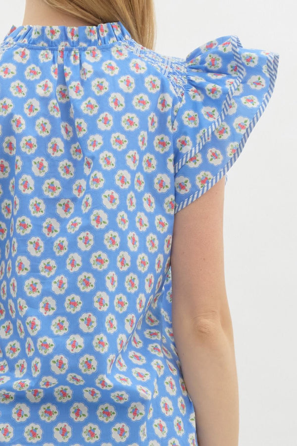 Floral Medallions Ruffle Pullover Top- Blue
