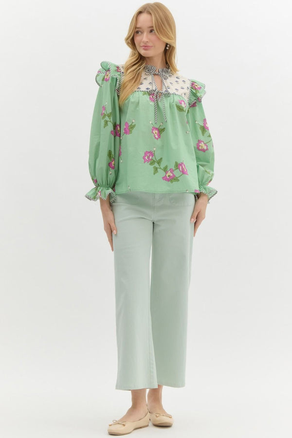 Mixed-Print Ruffle Pullover Top- Apple Green