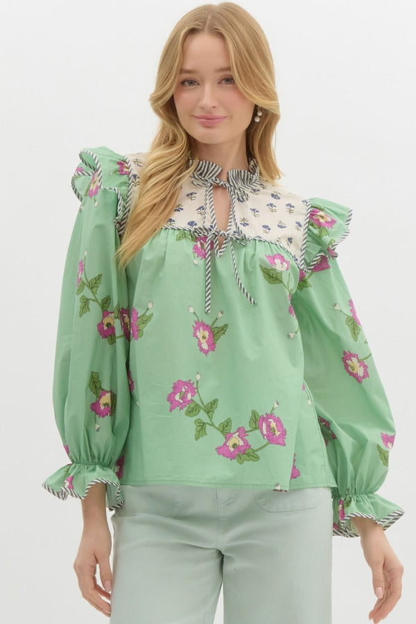 Mixed-Print Ruffle Pullover Top- Apple Green