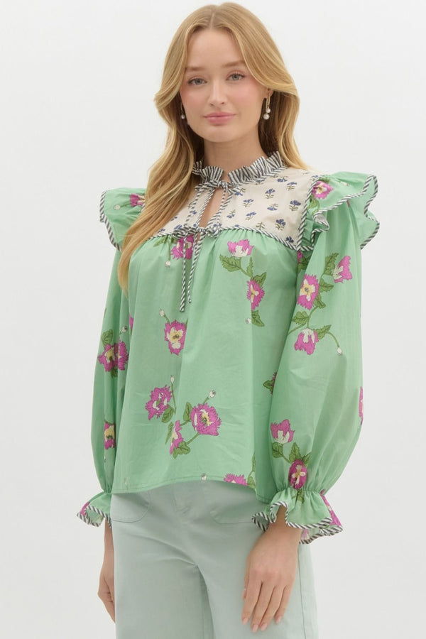 Mixed-Print Ruffle Pullover Top- Apple Green