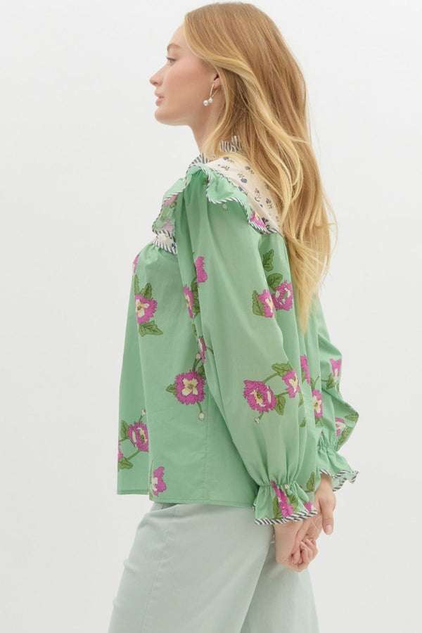 Mixed-Print Ruffle Pullover Top- Apple Green