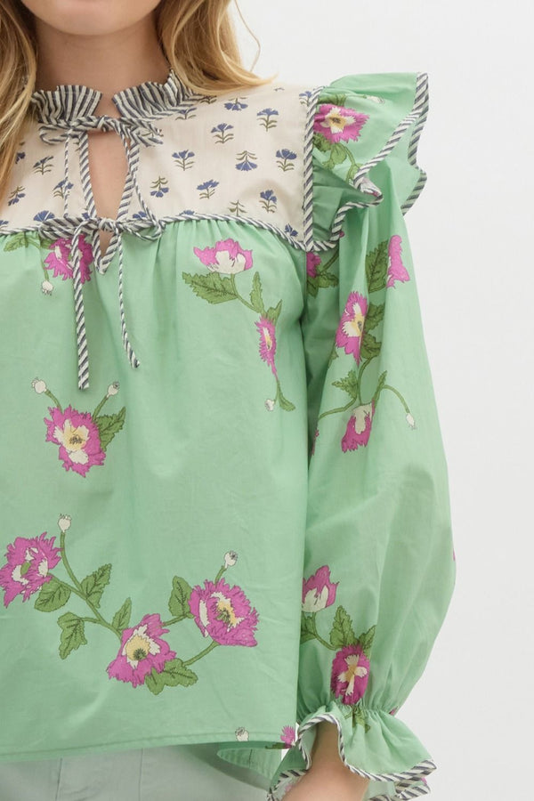 Mixed-Print Ruffle Pullover Top- Apple Green