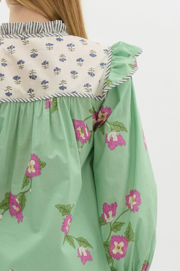 Mixed-Print Ruffle Pullover Top- Apple Green