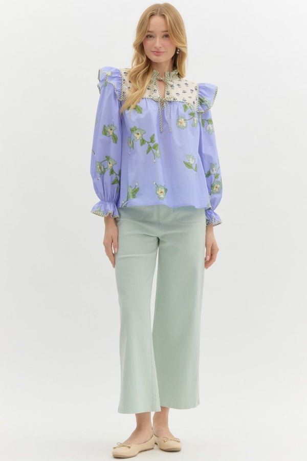 Mixed-Print Ruffle Pullover Top- Blue