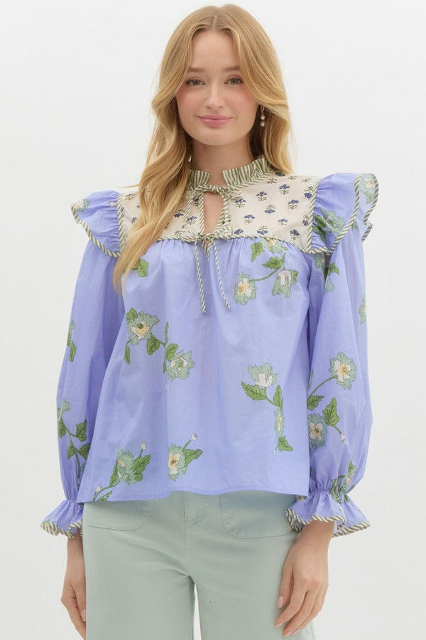 Mixed-Print Ruffle Pullover Top- Blue