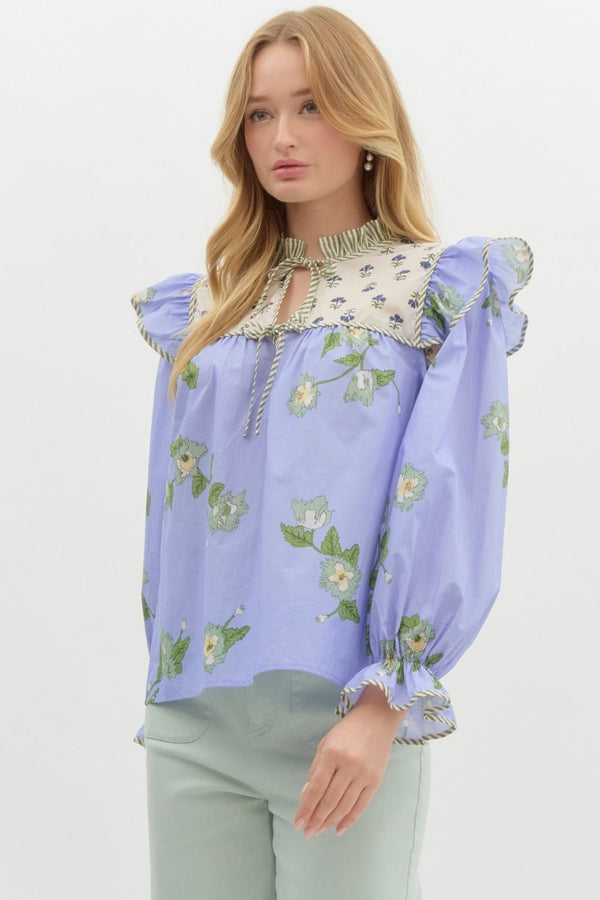Mixed-Print Ruffle Pullover Top- Blue