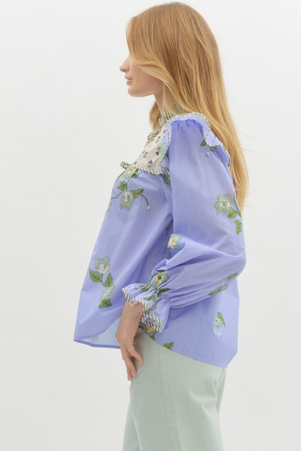 Mixed-Print Ruffle Pullover Top- Blue