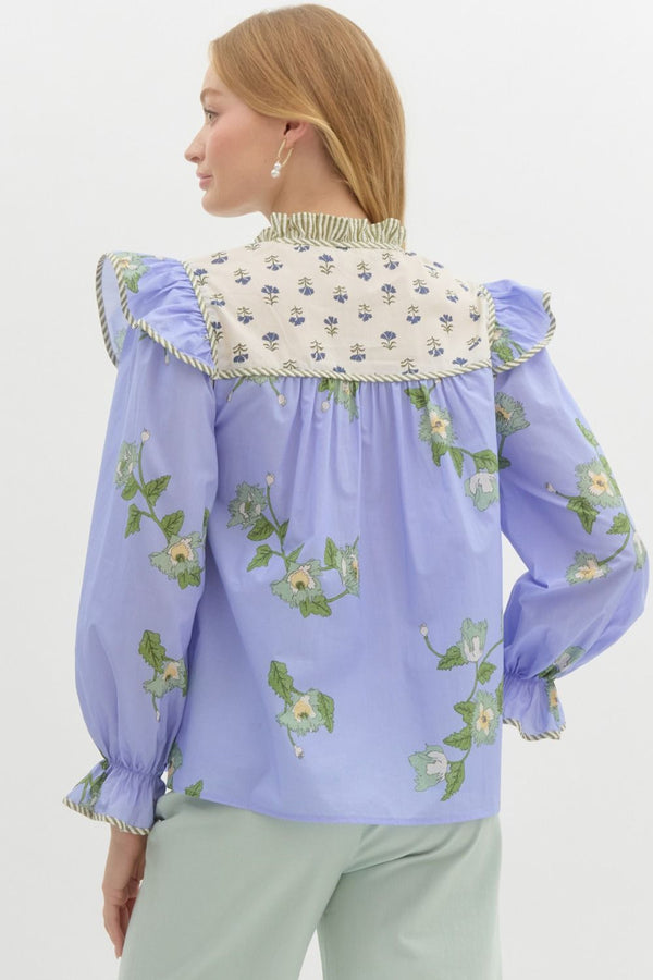 Mixed-Print Ruffle Pullover Top- Blue