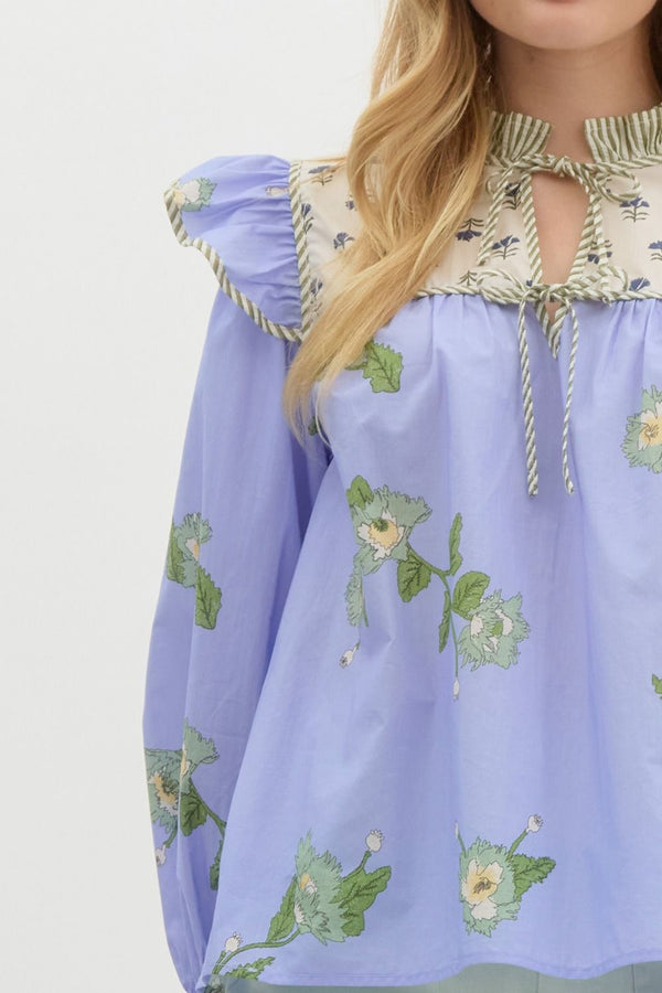 Mixed-Print Ruffle Pullover Top- Blue