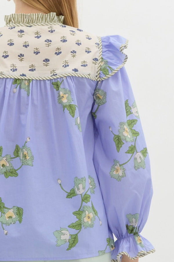Mixed-Print Ruffle Pullover Top- Blue