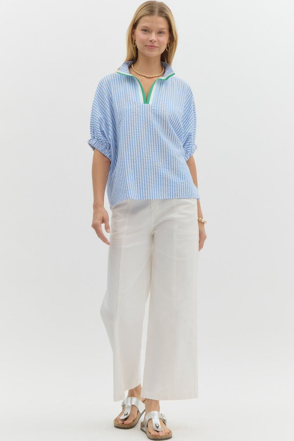 Striped Band Split Neck Top- Blue