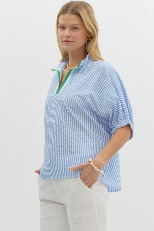 Striped Band Split Neck Top- Blue