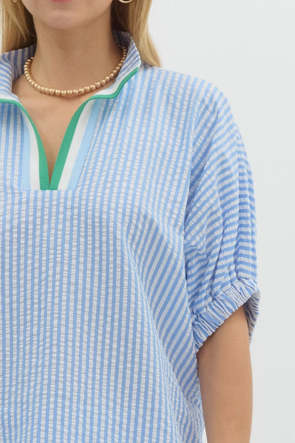Striped Band Split Neck Top- Blue