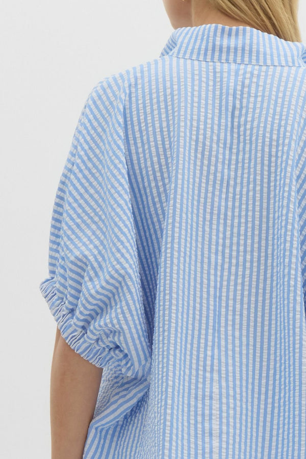 Striped Band Split Neck Top- Blue