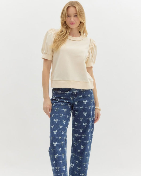 French Terry Puff Sleeve Top- Ecru