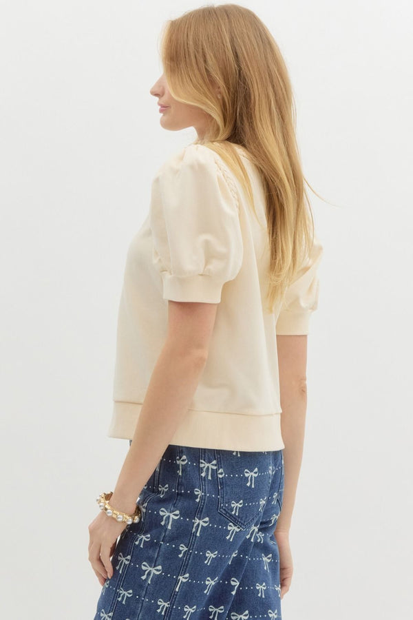 French Terry Puff Sleeve Top- Ecru