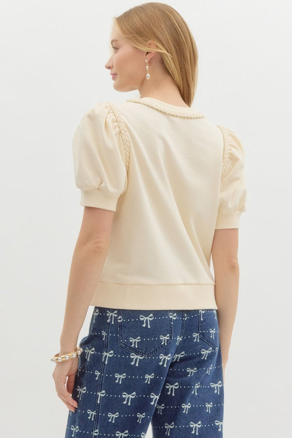 French Terry Puff Sleeve Top- Ecru