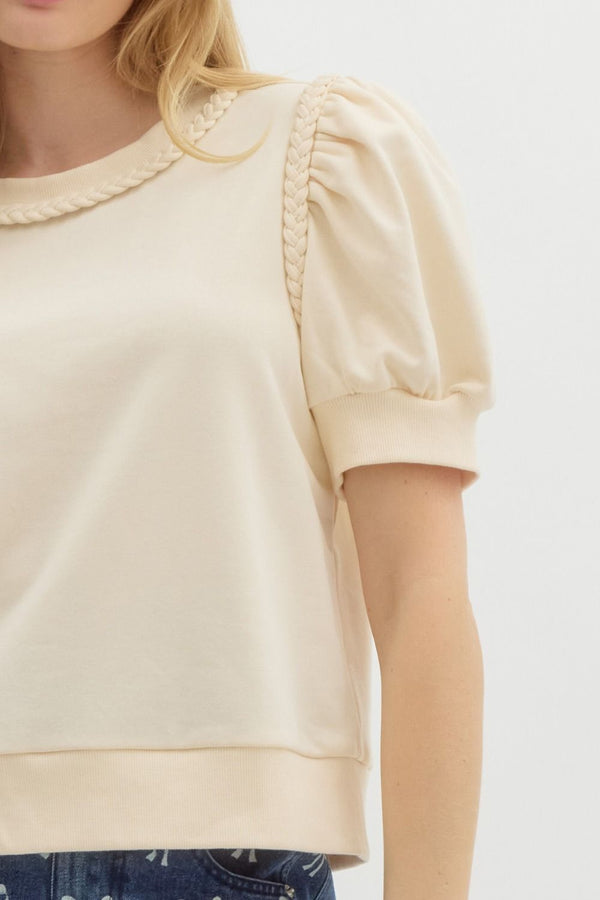 French Terry Puff Sleeve Top- Ecru