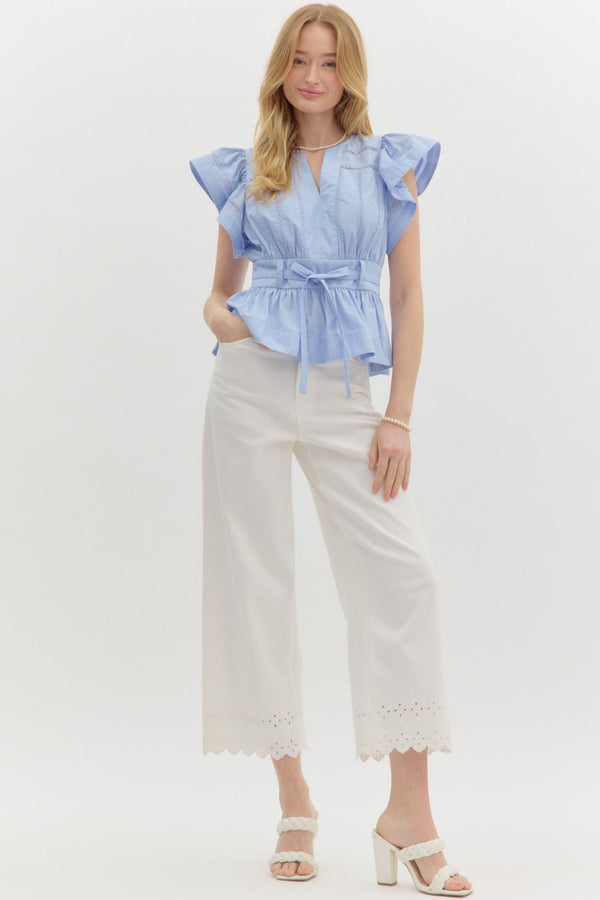 Flutter Sleeve V-Neck Peplum Top- Chambray
