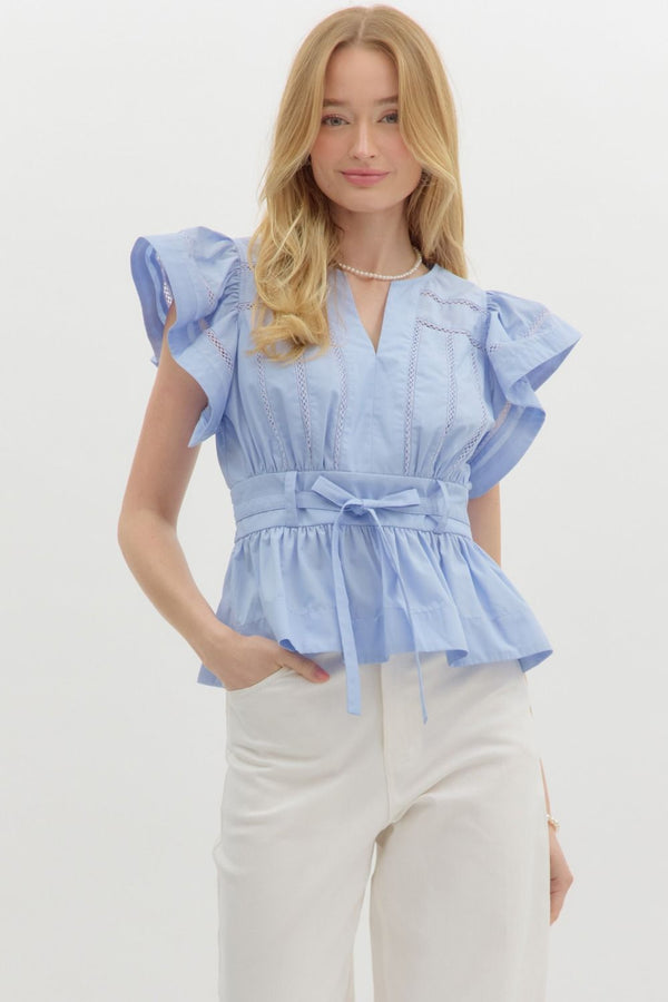 Flutter Sleeve V-Neck Peplum Top- Chambray