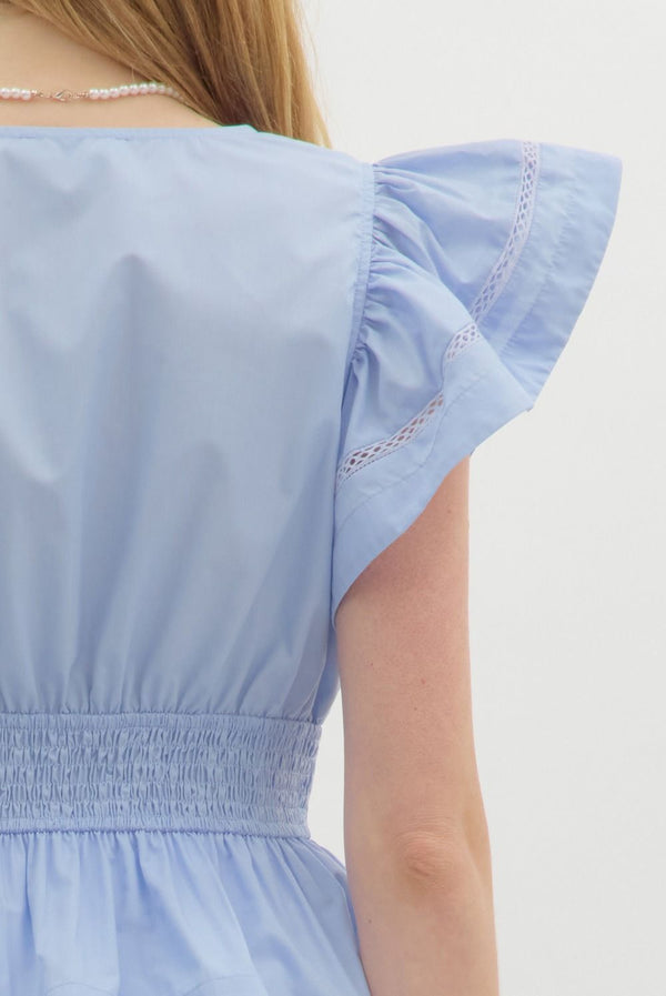 Flutter Sleeve V-Neck Peplum Top- Chambray