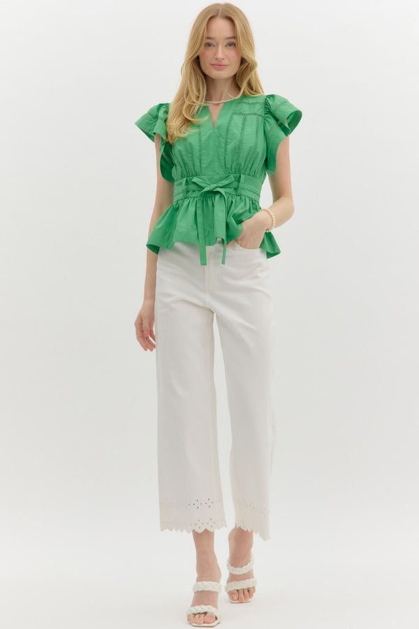 Flutter Sleeve V-Neck Pullover Peplum Top- Green