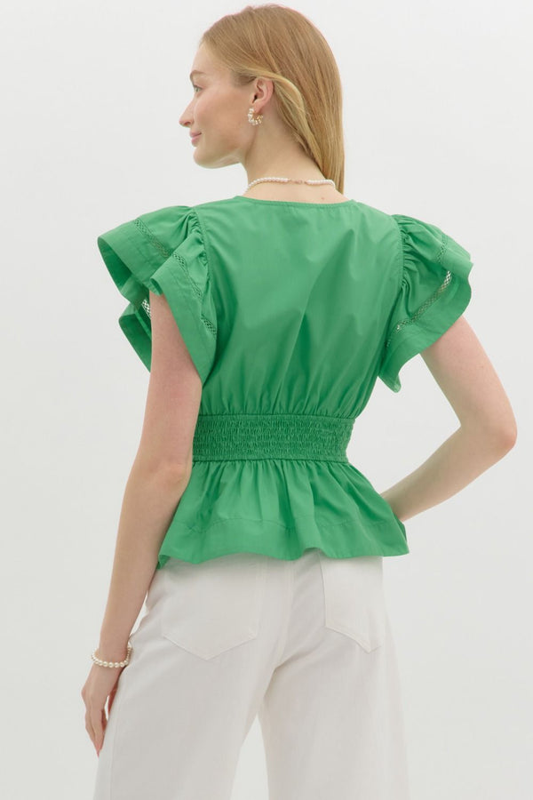 Flutter Sleeve V-Neck Pullover Peplum Top- Green