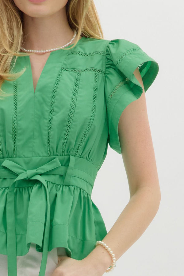 Flutter Sleeve V-Neck Pullover Peplum Top- Green