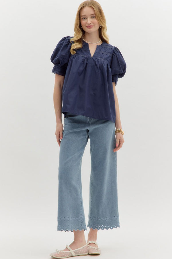 V-Neck Cuff Band Puff Sleeve Top- Navy