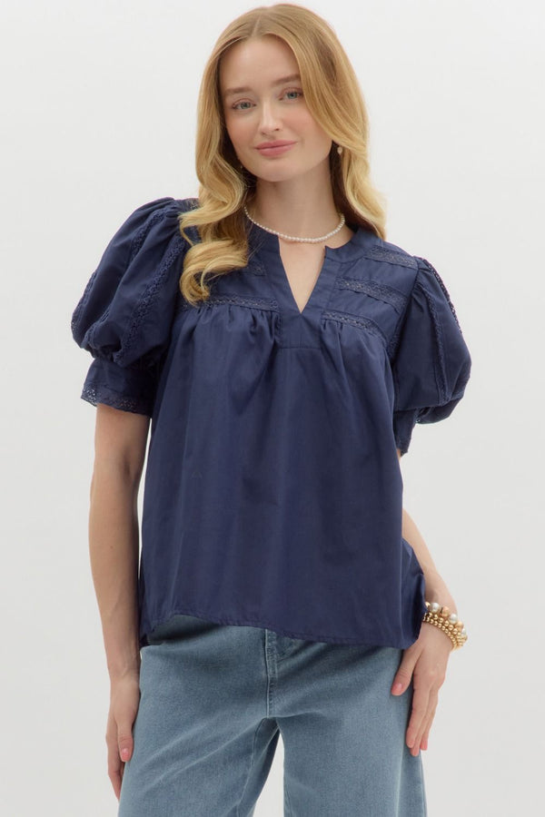 V-Neck Cuff Band Puff Sleeve Top- Navy