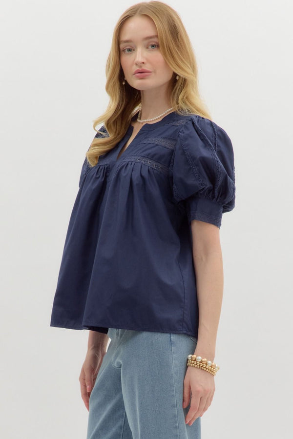 V-Neck Cuff Band Puff Sleeve Top- Navy