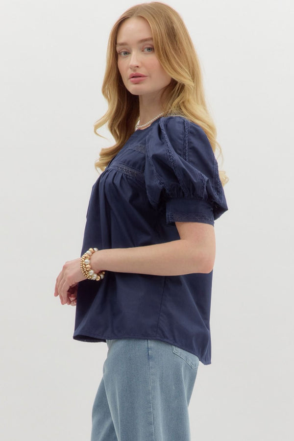 V-Neck Cuff Band Puff Sleeve Top- Navy