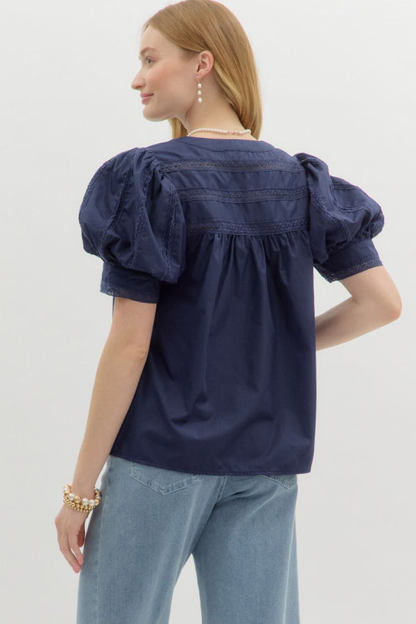 V-Neck Cuff Band Puff Sleeve Top- Navy