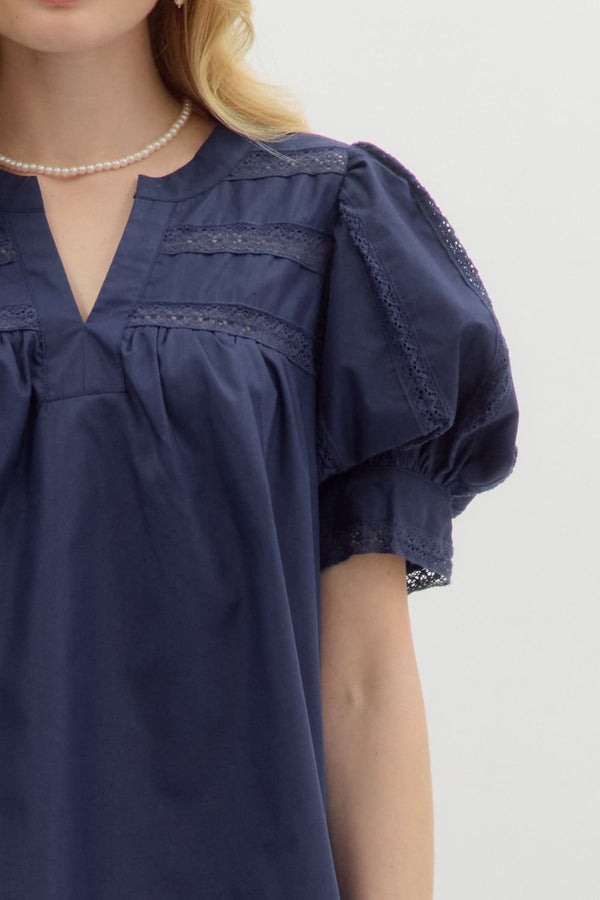 V-Neck Cuff Band Puff Sleeve Top- Navy