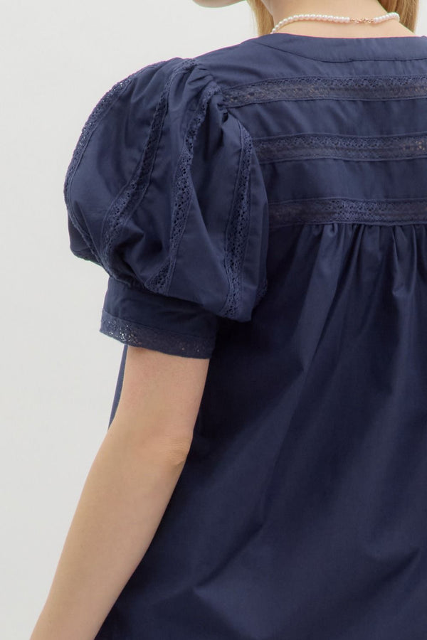 V-Neck Cuff Band Puff Sleeve Top- Navy