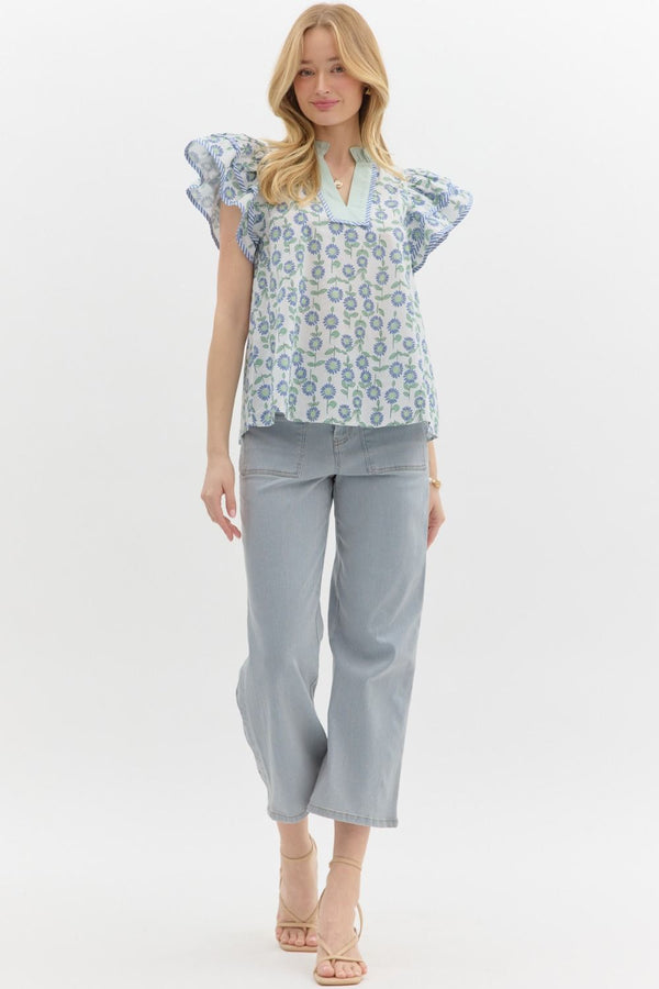 Floral Print Flutter Sleeve Pullover Top- Mint