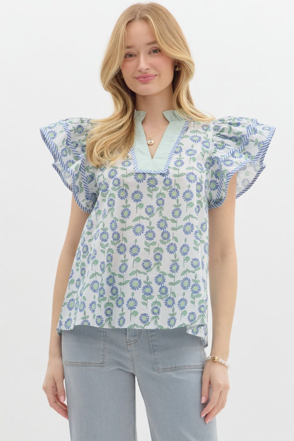 Floral Print Flutter Sleeve Pullover Top- Mint