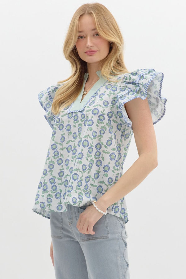 Floral Print Flutter Sleeve Pullover Top- Mint