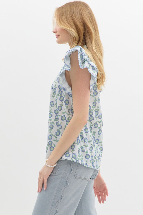 Floral Print Flutter Sleeve Pullover Top- Mint